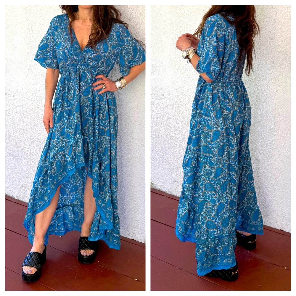 Boho Silk Blend Elegant Blue Floral Maxi Dress